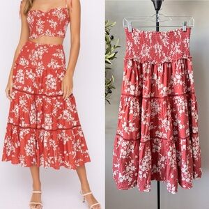 House of Harlow 1960 Floral Smocked Linen Blend Midi Skirt